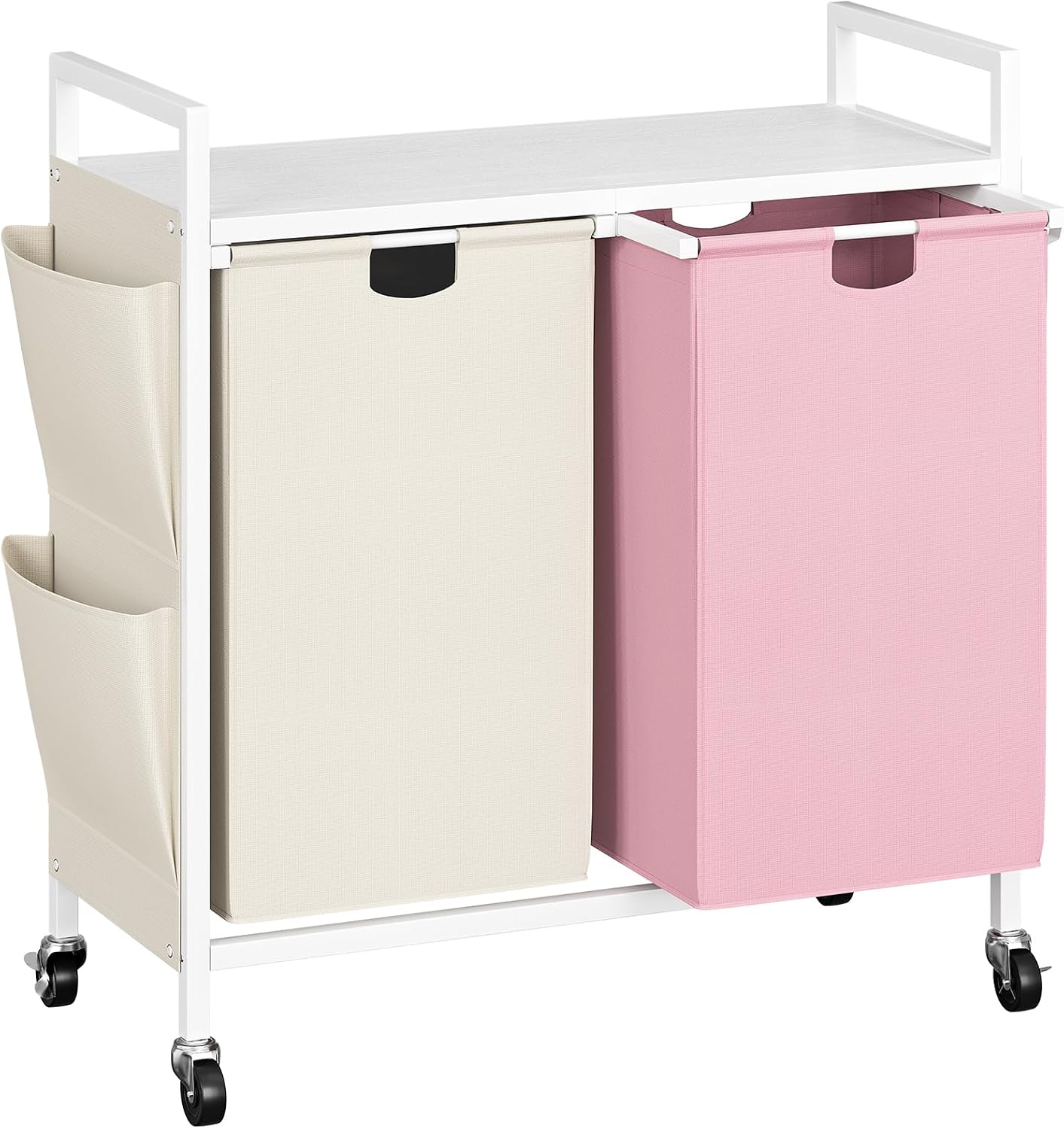 WOWLIVE Double Laundry Hamper with Wheels, Rolling Laundry Basket Organizer | Laundry Hamper 2 section with Lid, Iron-Made Laundry Sorter with Shelf, Removable Bags, Large Clothes Storage, White
