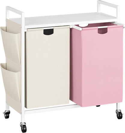 WOWLIVE Double Laundry Hamper with Wheels, Rolling Laundry Basket Organizer | Laundry Hamper 2 section with Lid, Iron-Made Laundry Sorter with Shelf, Removable Bags, Large Clothes Storage, White