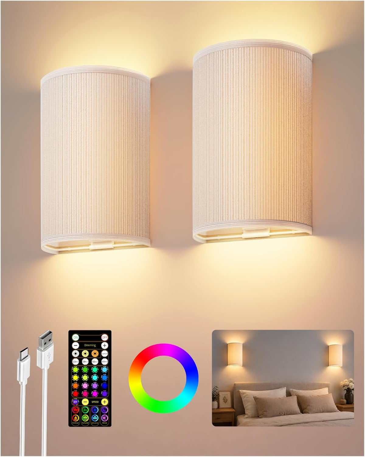 EZVALO Battery Operated Wall Sconce Set of Two with Remote, Wall Lights