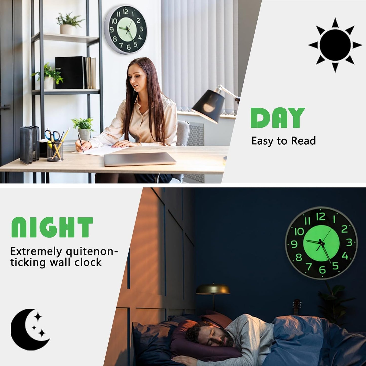 12'' Glow in the Dark Wall Clock,Silent & Easy to Read | Battery Operated Non-Ticking Easy to Install Analog Wall Clocks for Living Room Kitchen Office Bedroom