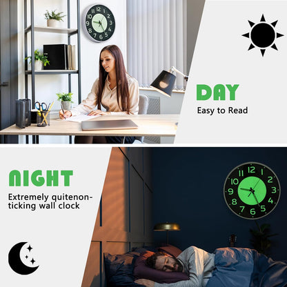 12'' Glow in the Dark Wall Clock,Silent & Easy to Read | Battery Operated Non-Ticking Easy to Install Analog Wall Clocks for Living Room Kitchen Office Bedroom