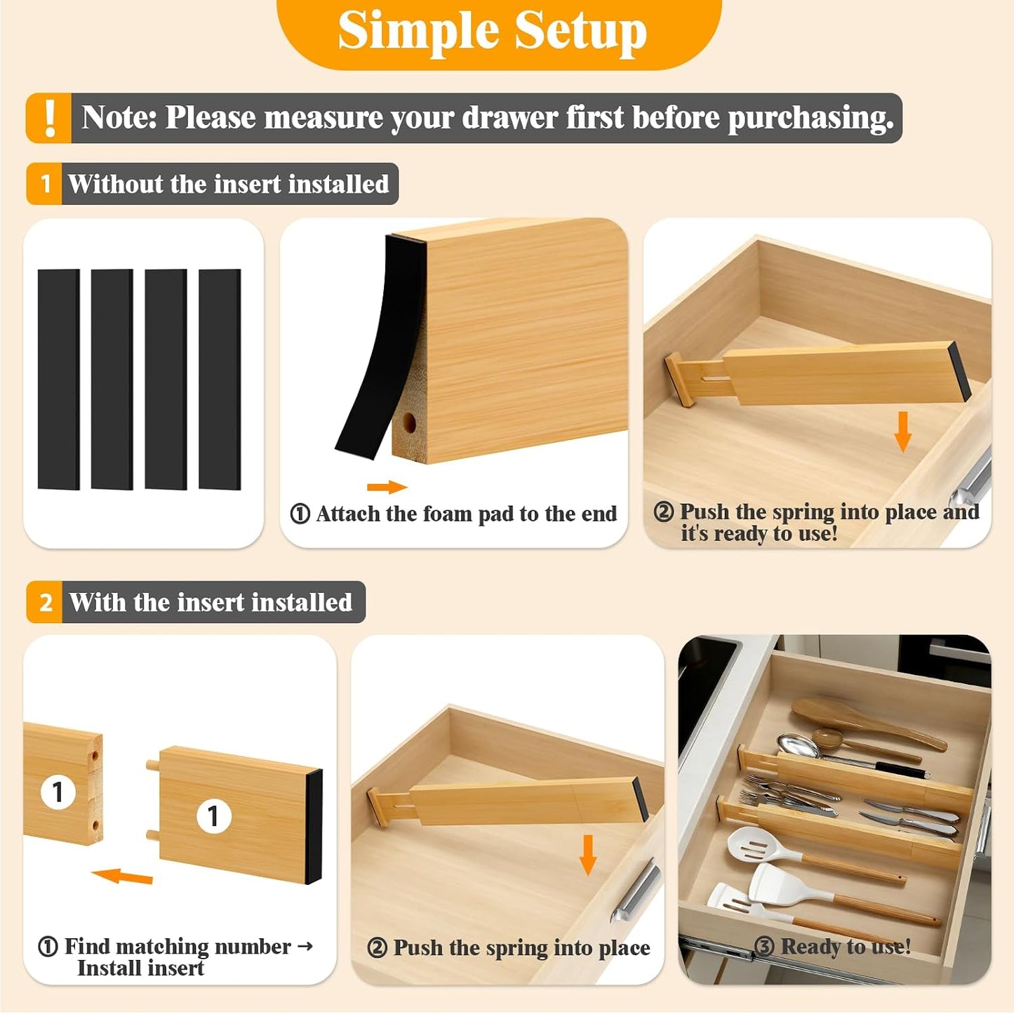 Bamboo Drawer Dividers, 12-21 Inch Kitchen Adjustable Drawer Organizers | Expandable Dresser Separators for Clothes, Ideal for Kitchen, Bathroom, Vanity, Office Organization and Storage, 4-Pack