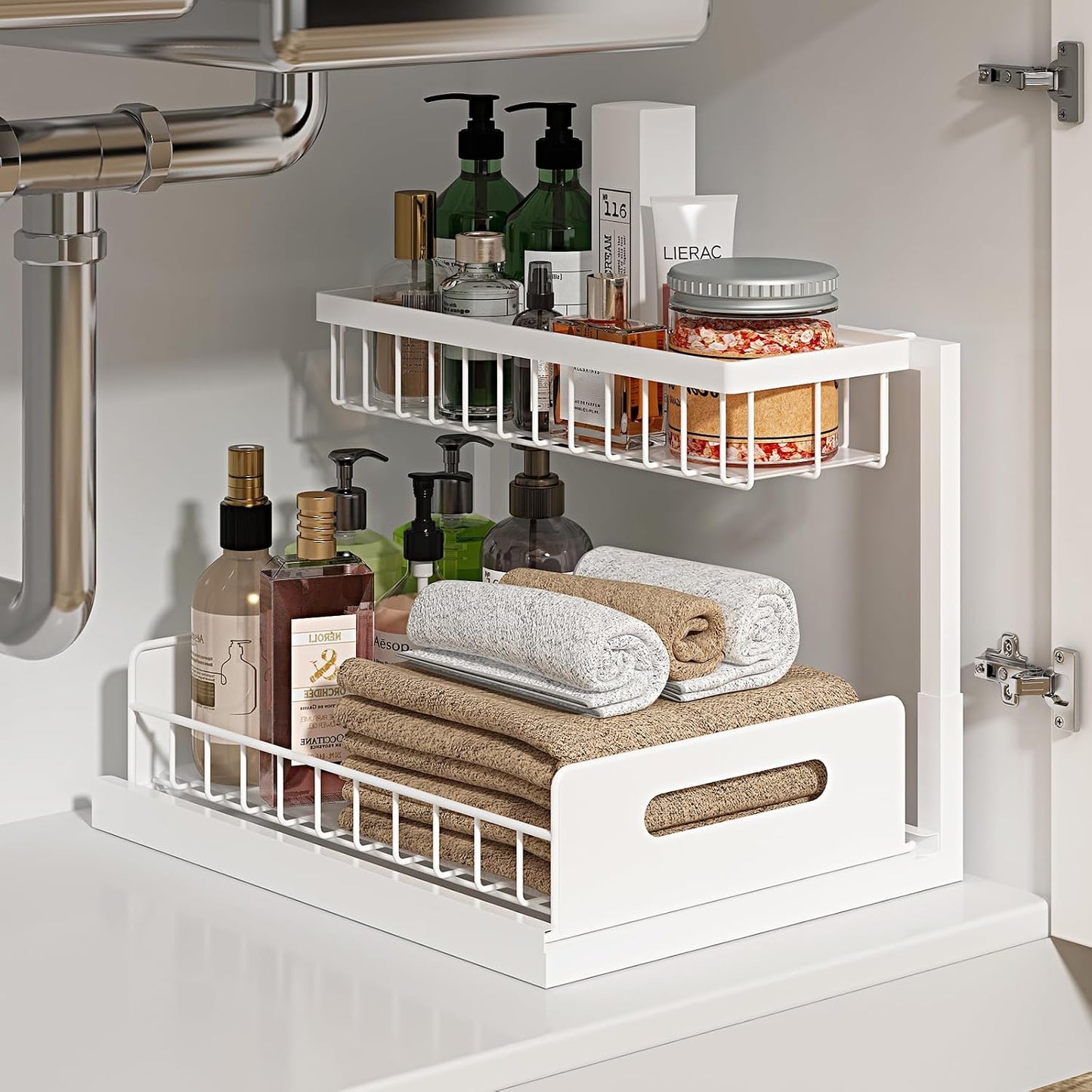 Under Sink Organizer, L-Shaped 2 Tier Pull Out Cabinet Organizer | Slide Out Sink Shelf Cabinet Storage Shelves, Under Sink Storage for Kitchen Bathroom Cabinet, White, 1 Pack