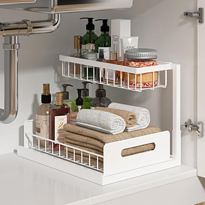 Under Sink Organizer, L-Shaped 2 Tier Pull Out Cabinet Organizer | Slide Out Sink Shelf Cabinet Storage Shelves, Under Sink Storage for Kitchen Bathroom Cabinet, White, 1 Pack