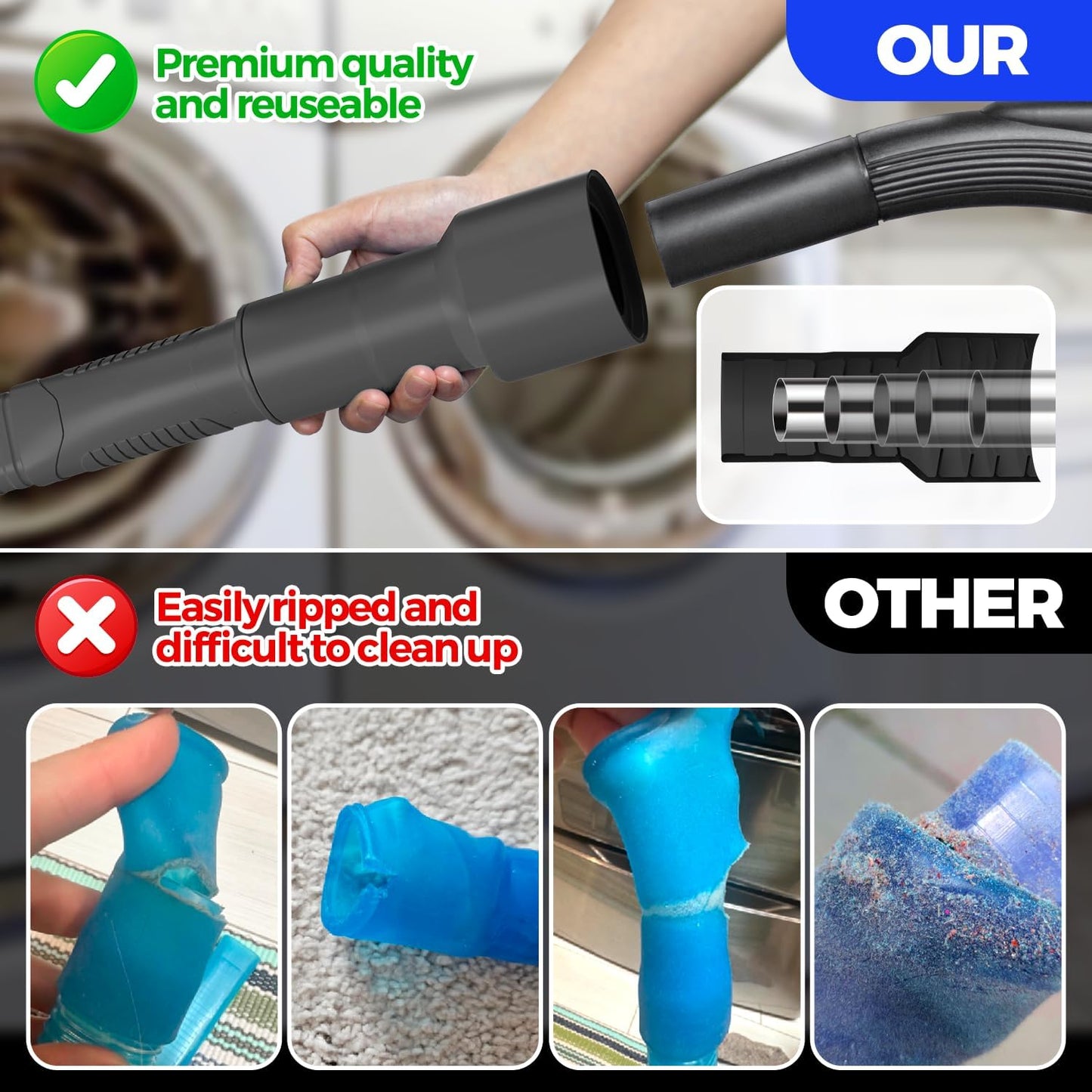 Holikme Dryer Vent Cleaner Kit 2Pack - Lint Vacuum Attachment & Brush | Blue Dryer Vent Vacuum Hose Attachment & Brush Reach Deep Traps - Remove Hidden Lint, Speed Drying & Reduce Fire Risk
