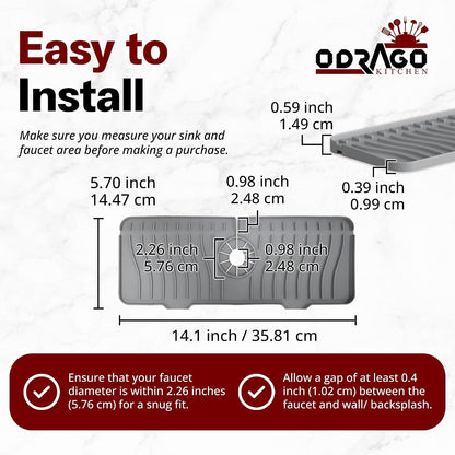 ODRAGO Silicone Kitchen Sink Splash Guard - 24.01 Inch Faucet Mat for Kitchen Sink Water - Longer Faucet Handle Drip Catcher Tray-Sink Guard for Kitchen Sink (Grey)
