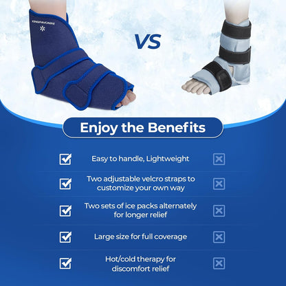 KingPavonini Ankle Foot Ice Pack Wrap, XL, Blue, 1 Wrap + 4 Gel Packs