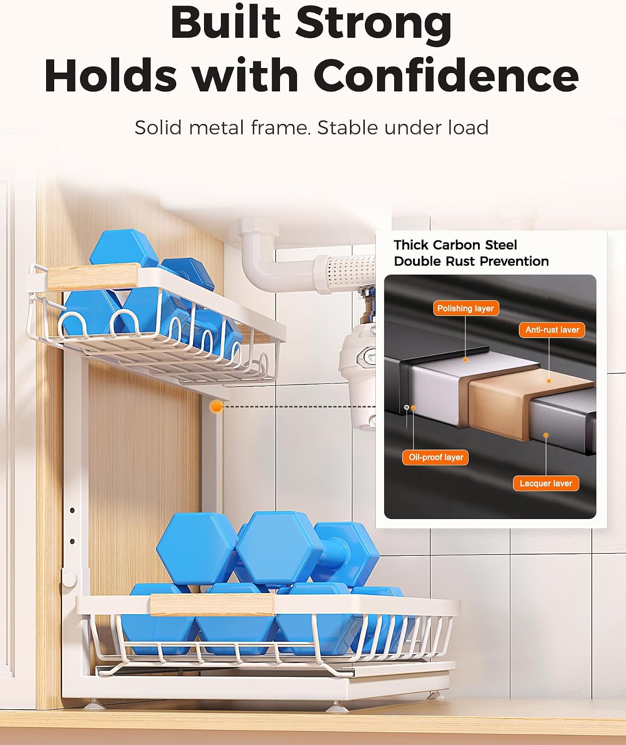 2-Pack 2-Tier Height Adjustable Under Sink Organizer & Storage | Multi-purpose storage for kitchen & bathroom cabinet. Large black shelf, height adjustable design for space-saving.