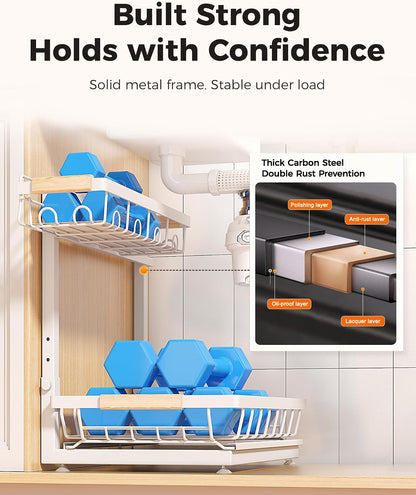 2-Pack 2-Tier Height Adjustable Under Sink Organizer & Storage | Multi-purpose storage for kitchen & bathroom cabinet. Large black shelf, height adjustable design for space-saving.