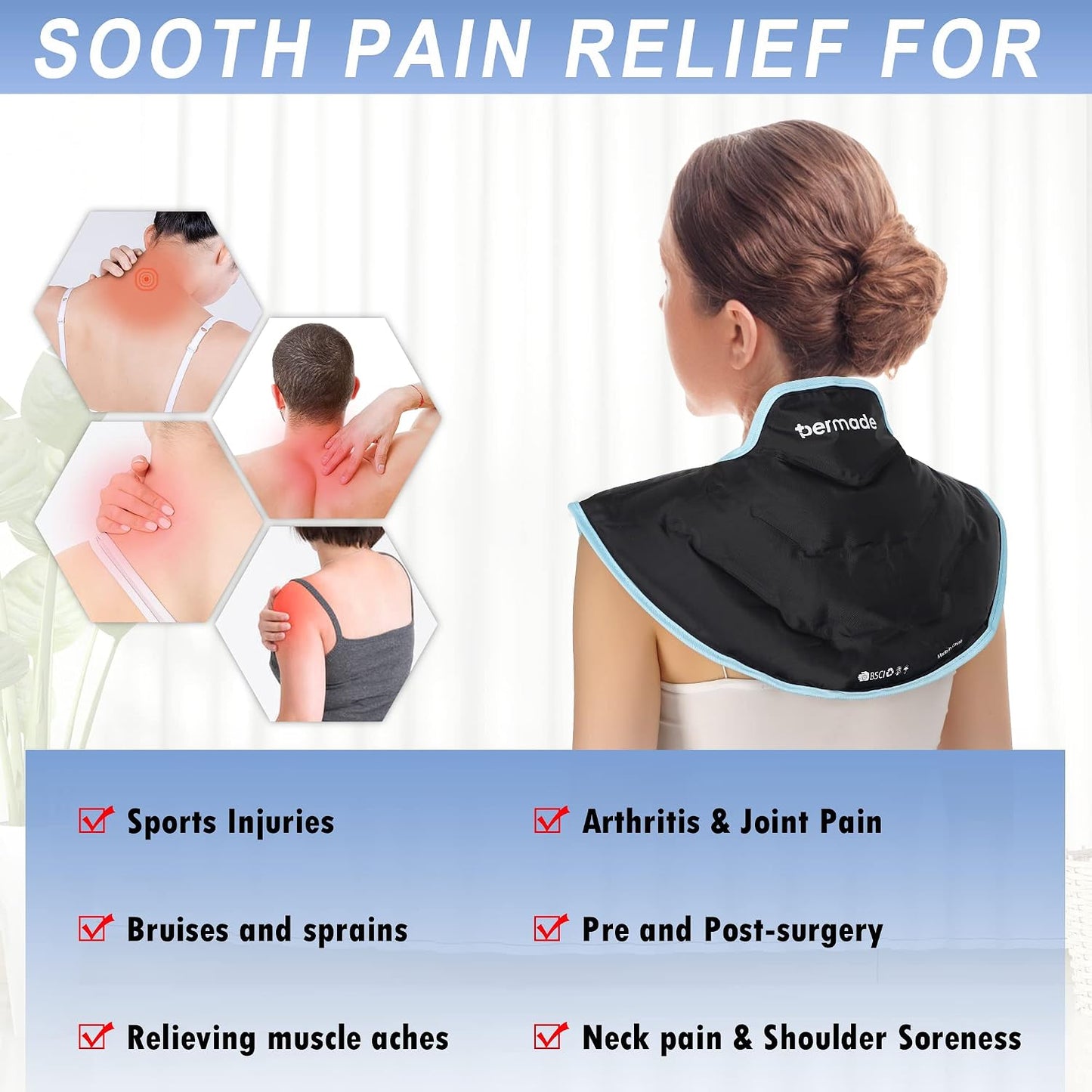Neck Shoulder Ice Pack, Hot or Cold Therapy Compression Wrap for Neck, Reusable Flexible Gel Ice Pack Wrap for Injuries, Large Upper Back Cold Pack Wrap for Swelling, Bruises, Sprain, Surgery