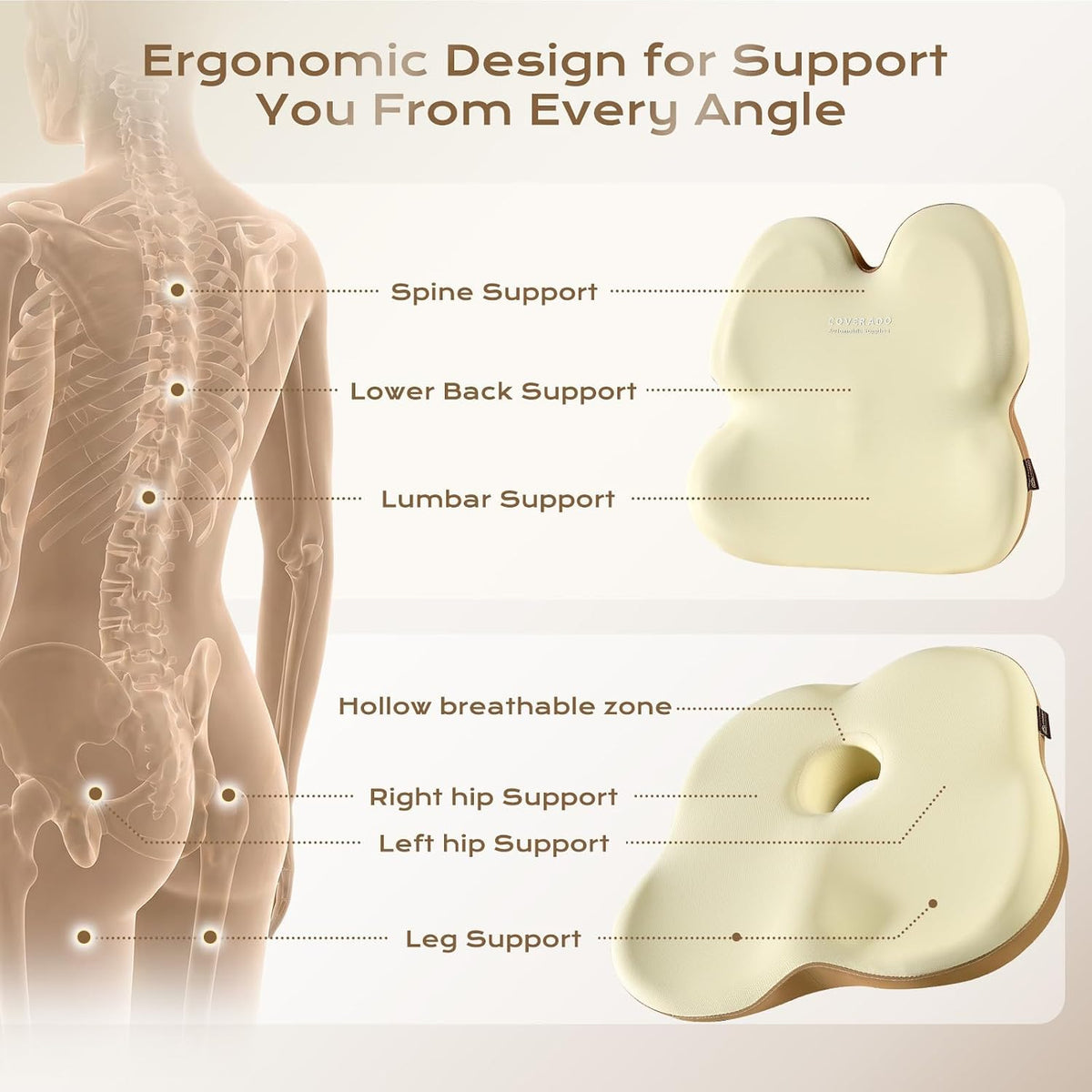 Coverado Lumbar Support Pillow and Seat Cushions for Office Chairs, Memory Foam Orthopedic Coccyx Cushion for Tailbone Pain Cushion Pillow & Back Pain Pressure Relief Seat Cushion Coffee&Beige