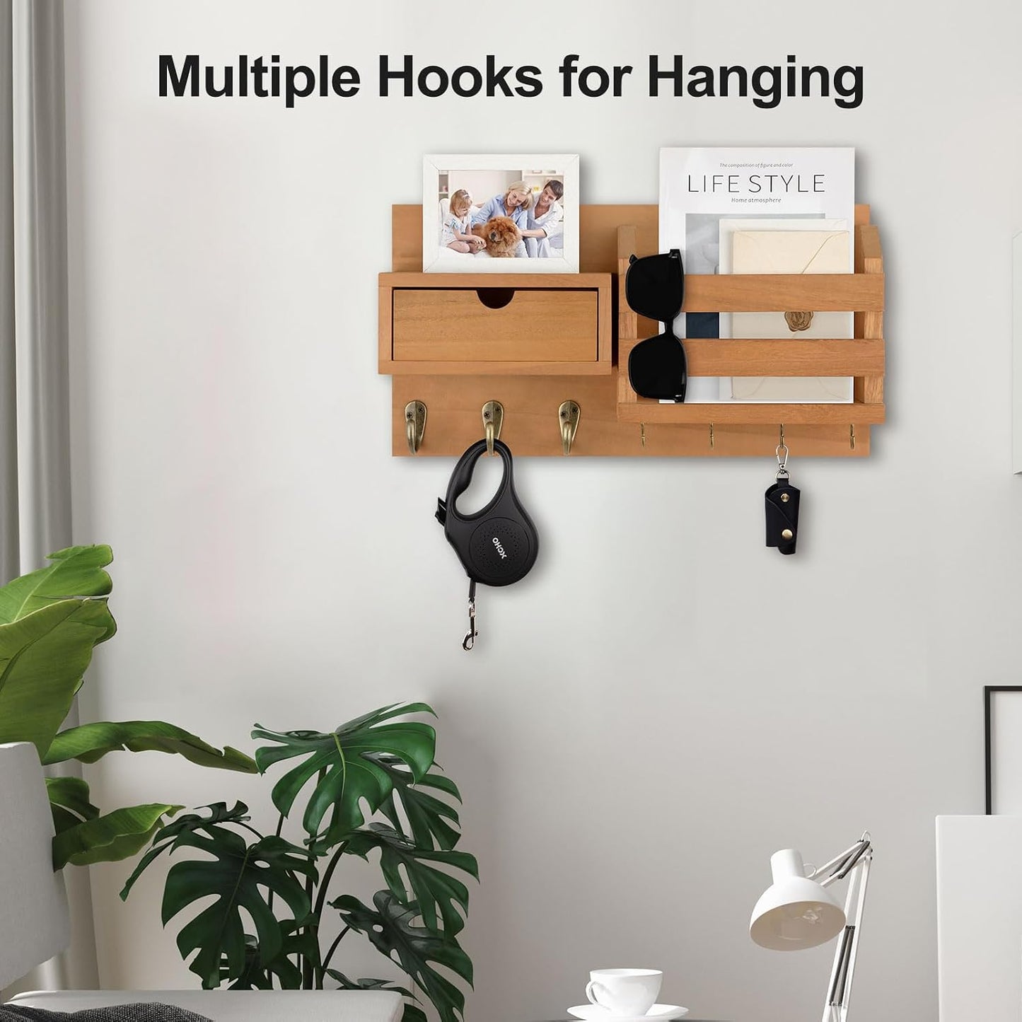 Lwenki Wall Mount Key Holder with Mail Organizer, 100% Paulownia Wood, 7 Metal Hooks, Storage Drawer, Entryway Home Decor (Brown)