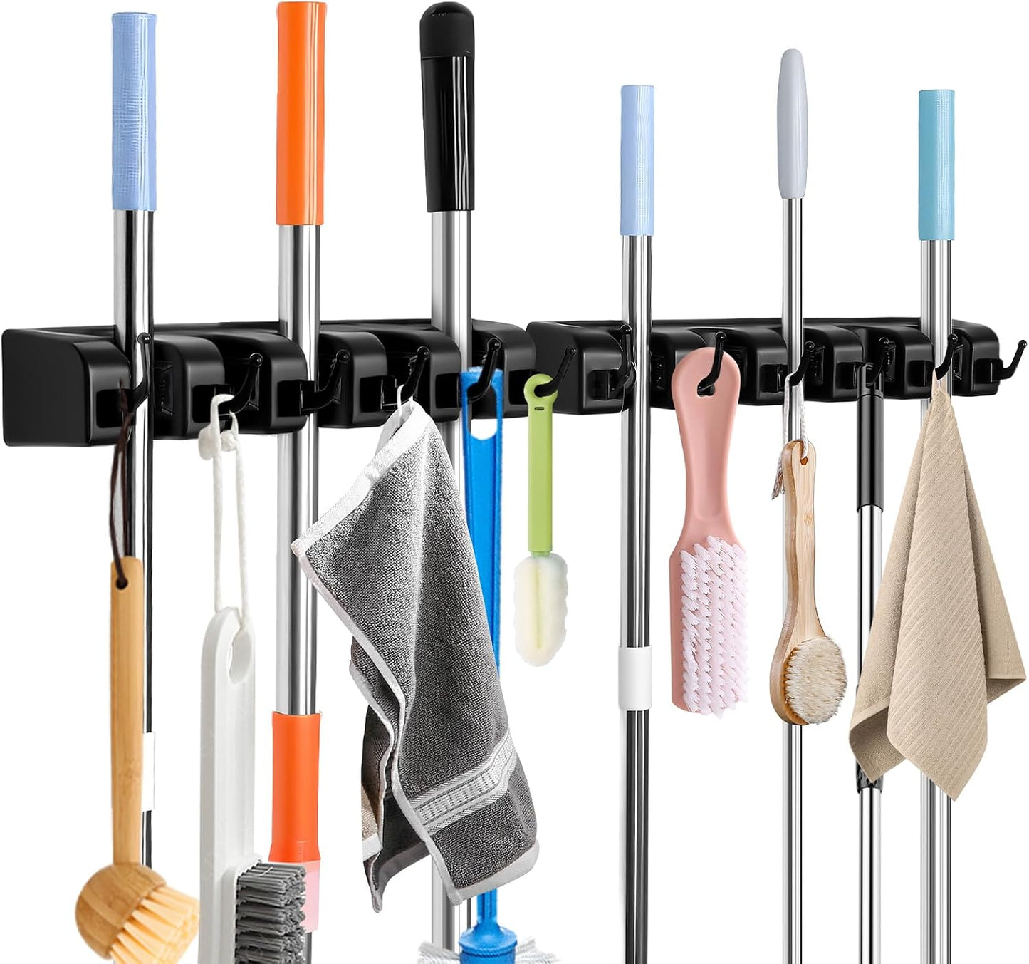 InPoTo Wall Mount Broom Holder 5 Slots 6 Hooks Mop Organizer Rack | Heavy Duty Construction -35 LBS Capacity, 5 Spring-loaded Ball Slots With Anti-Skid Rubber,Easy Installation ,Space Saving