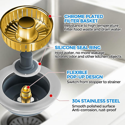 3 in 1 Kitchen Sink Drain Strainer Stopper Removable Basket Pop-Up | Kitchen Sink Food Strainer 1 Pack Silver Stainless - Food Catcher, Odor-Block Seal, Fits 3.5" Drain, Easy Clean