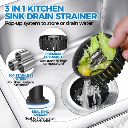 3 in 1 Kitchen Sink Drain Strainer Stopper Removable Basket Pop-Up | Kitchen Sink Food Strainer 1 Pack Silver Stainless - Food Catcher, Odor-Block Seal, Fits 3.5" Drain, Easy Clean