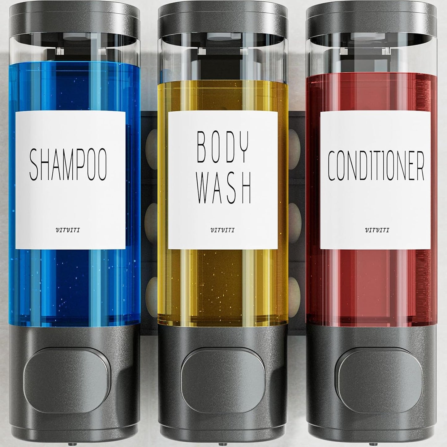 Shampoo and Conditioner Dispenser for Shower Wall Mount 3 Chamber, Black | Shower Soap Dispenser for Wall, 10.2 OZ Plastic Refillable Body Wash Bottles for Bathroom, No Drill Wall Mounted