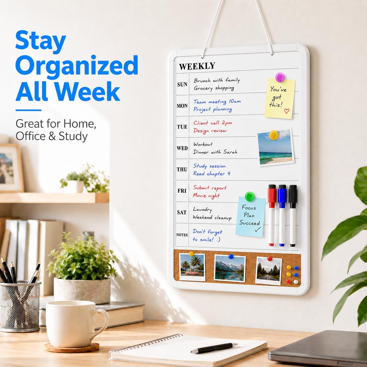 MaxGear Weekly Dry Erase Calendar Board, 11" x 17" Magnetic Whiteboard | Double-Sided Wall Planner: Weekly Calendar on One Side, Blank Whiteboard on The Other, Includes 3 Color Markers and Magnets