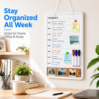 MaxGear Weekly Dry Erase Calendar Board, 11" x 17" Magnetic Whiteboard | Double-Sided Wall Planner: Weekly Calendar on One Side, Blank Whiteboard on The Other, Includes 3 Color Markers and Magnets