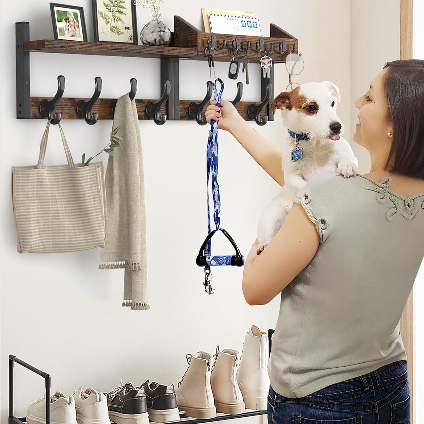 Evermagin 29" Coat Rack Wall Mount with Shelf for Entryway, Rustic Brown | Wall Mounted Coat and Key Rack with Hooks, Key Holder with Mail Organizer for Wall, Living Room, Mudroom, Bedroom
