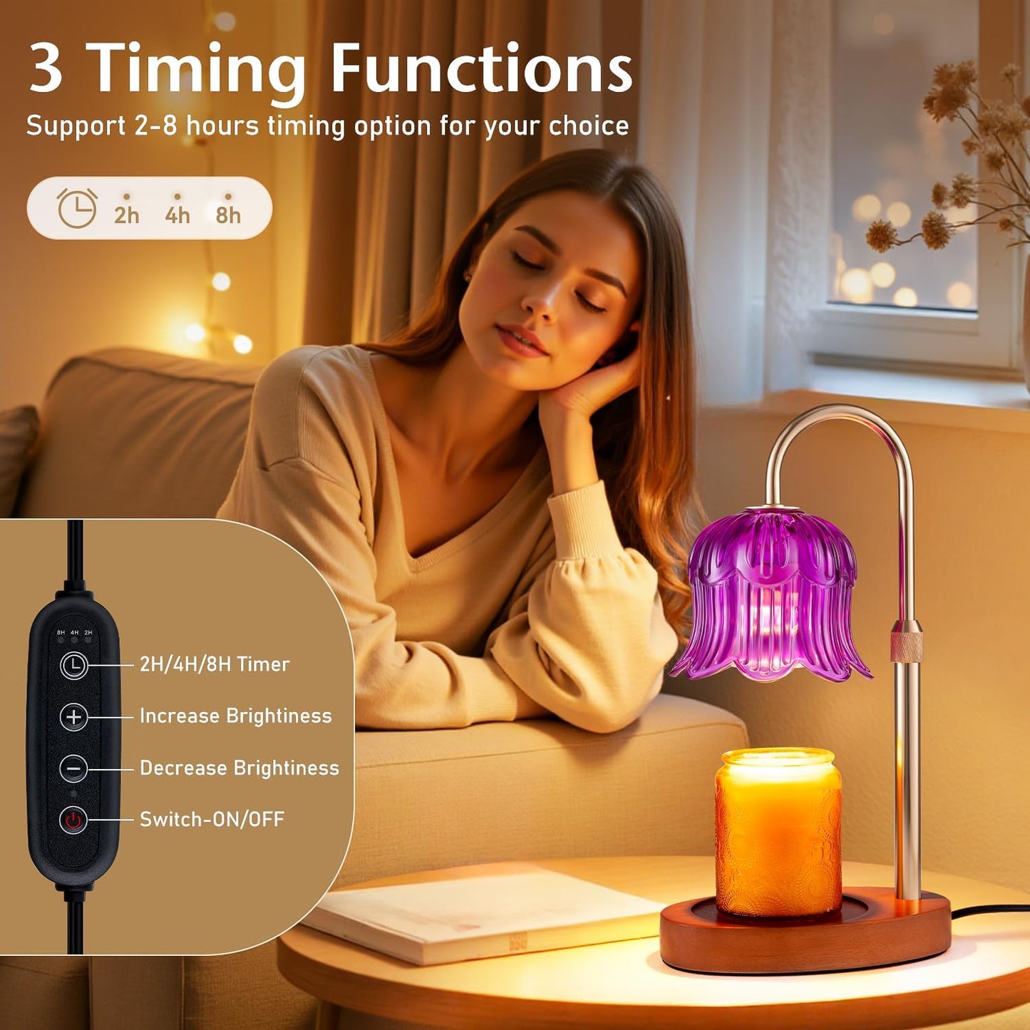 Adjustable Candle Warmer Lamp with Timer - Electric Light Wax Warming | Dimmable, Flameless, Top Melter Heater Melting Heating Height Small Jar Candles Gifts Women Mom Birthday Desk Modern Decor