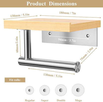 Tindbea Toilet Paper Holder with Wood Shelf, Wooden Wall Mount Tissue Paper Roll Holder, Matte Black Stainless Steel Bathroom Accessories Decor Household Home Apartment Restroom Essentials (Walnut)