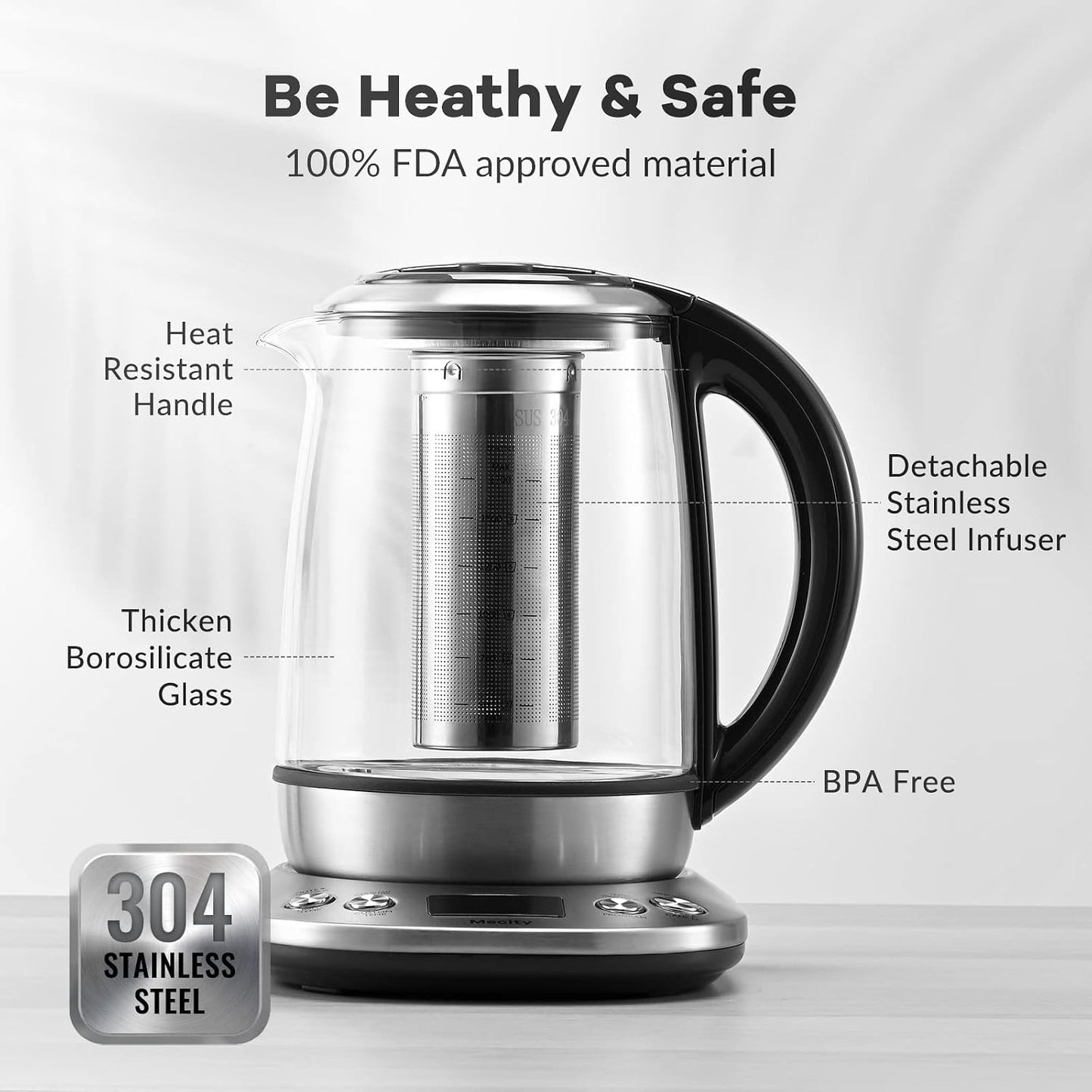 Mecity Electric Tea Kettle Borosilicate Glass Tea Maker With Temperature Control and Infuser - LCD Display and Preset Brewing Programs - 1.7 Liter Water Boiler