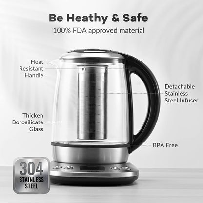 Mecity Electric Tea Kettle Borosilicate Glass Tea Maker With Temperature Control and Infuser - LCD Display and Preset Brewing Programs - 1.7 Liter Water Boiler