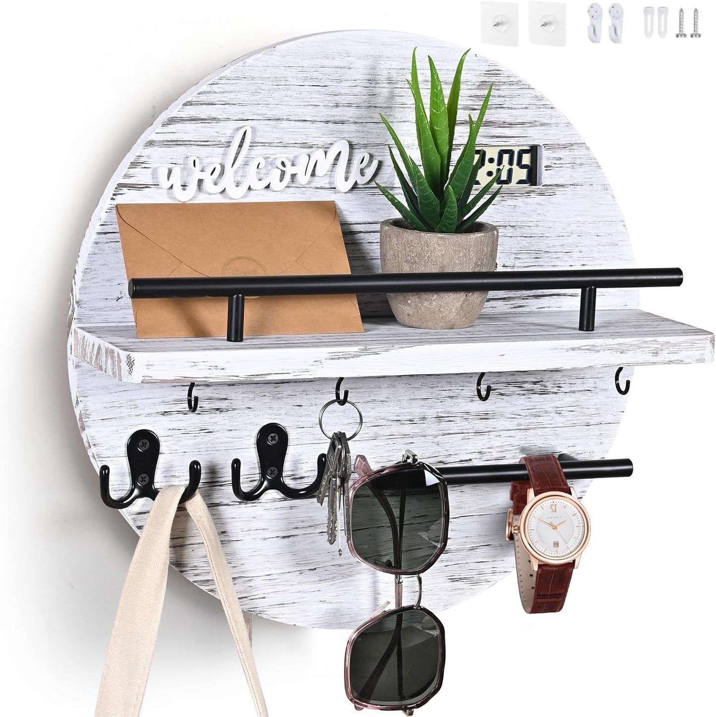 Key Holder for Wall, Key and Mail Holder Organizer with - Key Holder Wall Mount - Round Wooden Rustic Home Decor for Entryway, Mudroom, Hallway, Kitchen Office (Black)