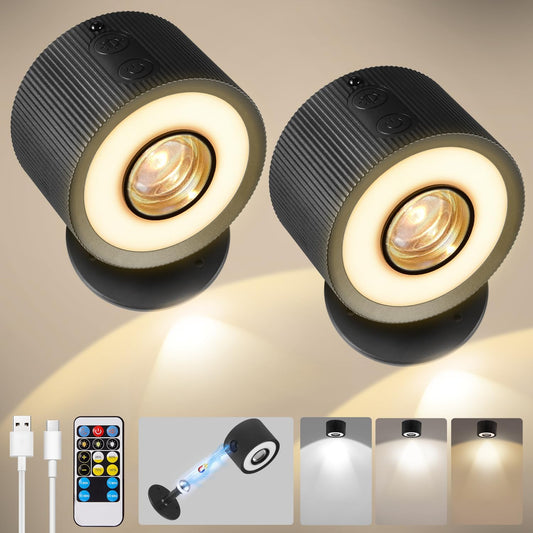 LED Wall Mounted Lights 4 Psc with Remote, 3000mAh Rechargeable Battery Operated Wall Sconces, 3 Lighting Modes & Dimmable, 360°Rotate Cordless Wall Light for Bedroom Bedside Reading Study (White)
