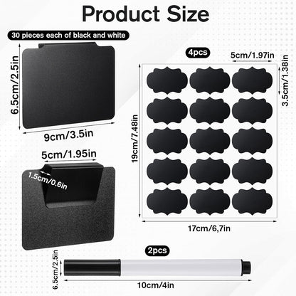 60 Pcs Clip on Labels for Storage Bins | 30 Black & 30 White Label Clips for Storage Bins with 2 Chalk Markers & 4 Flower Stickers (3.5 x 2.5 x 0.6 Inches)