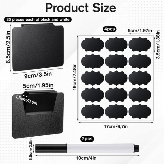 60 Pcs Clip on Labels for Storage Bins | 30 Black & 30 White Label Clips for Storage Bins with 2 Chalk Markers & 4 Flower Stickers (3.5 x 2.5 x 0.6 Inches)