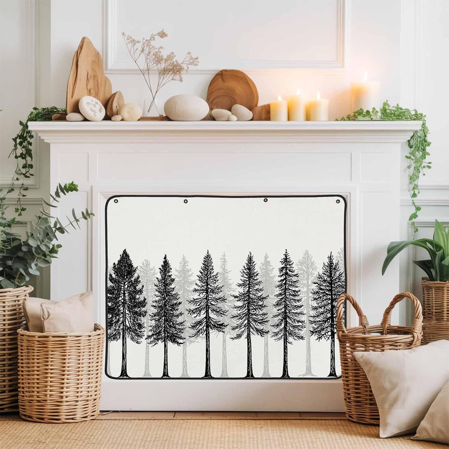 Magnetic Fireplace Cover Oak Tree Forest Fireplace Screen Decorative Black Deep Roots Branches Insulation Fireplace Blocker Blanket Save Energy Fireplace Draft Stopper Covers for Living Room 36x30