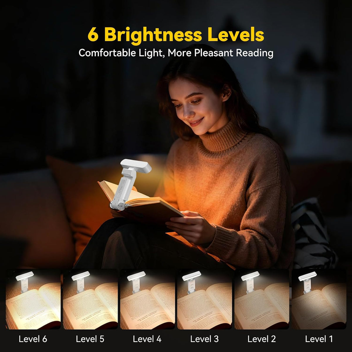 TechRise Book Light, Clip-on Reading Light for Books in Bed, Rechargeable Reading lamp, Eye-Caring with Timer, 5 Color Temps & 6 Brightness, 80+ Hrs, Perfect for Kids, Book Lovers, Black