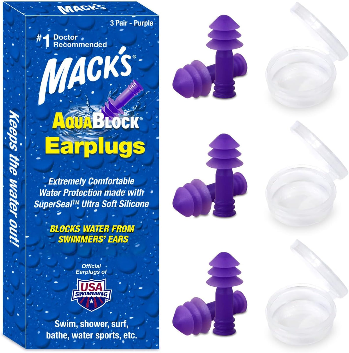 Mack's AquaBlock Swimming Earplugs, 3 Pair | Waterproof, Reusable Silicone Ear Plugs for Swimming | Swim Ear Plugs for Snorkeling, Showering, Surfing, Bathing (Clear)