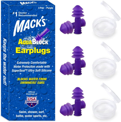 Mack's AquaBlock Swimming Earplugs, 3 Pair | Waterproof, Reusable Silicone Ear Plugs for Swimming | Swim Ear Plugs for Snorkeling, Showering, Surfing, Bathing (Clear)