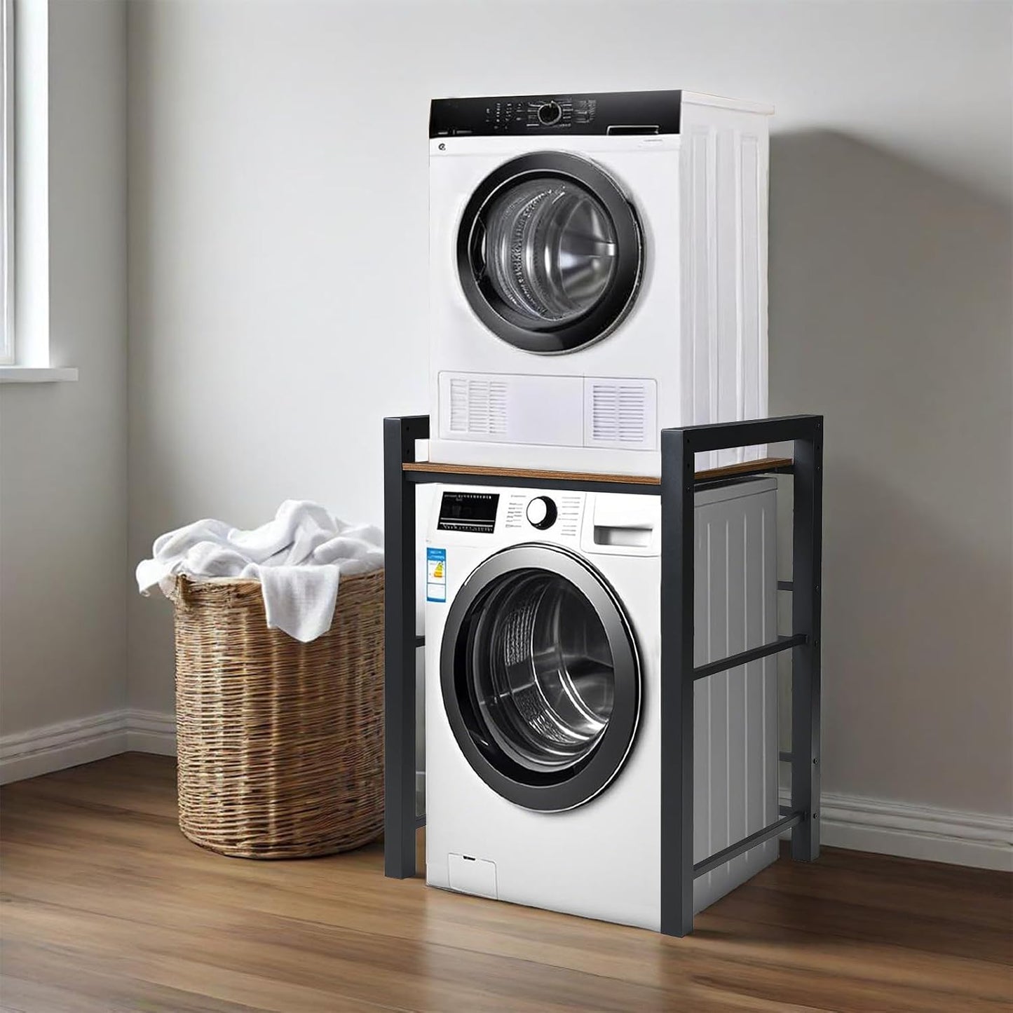 Heavy Duty Steel Shelf Over Washer and Dryer, Portable Washer and Dryer Stand, Laundry Room Organizer with Adjustable Laminate, Washing Machine Shelf for Bathroom and Laundry Room (Black-A)