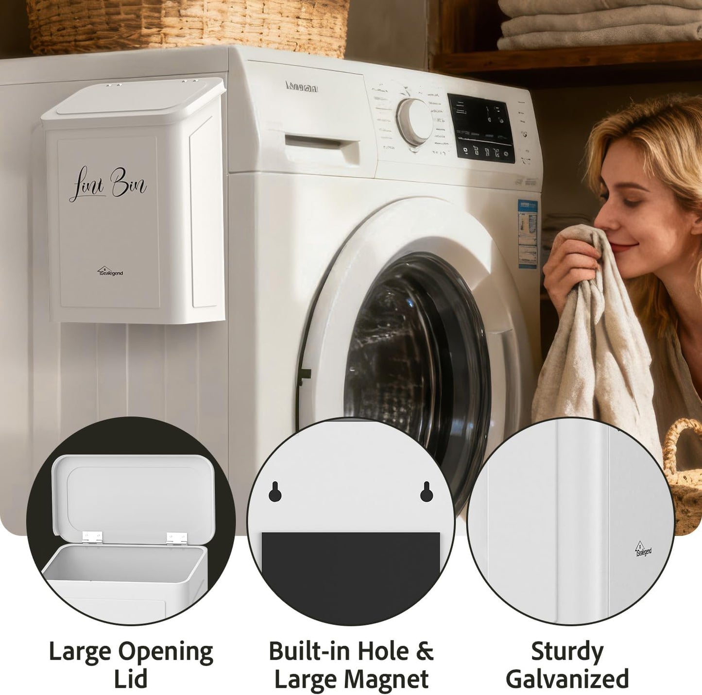 Sealegend Magnetic Metal Lint Bin with Lid, Trash Can with Brush, White | Collect Dryer Lint Easily, Space-Saving Laundry Room Organization & Storage