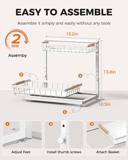 2-Pack 2-Tier Height Adjustable Under Sink Organizer & Storage | Multi-purpose storage for kitchen & bathroom cabinet. Large black shelf, height adjustable design for space-saving.