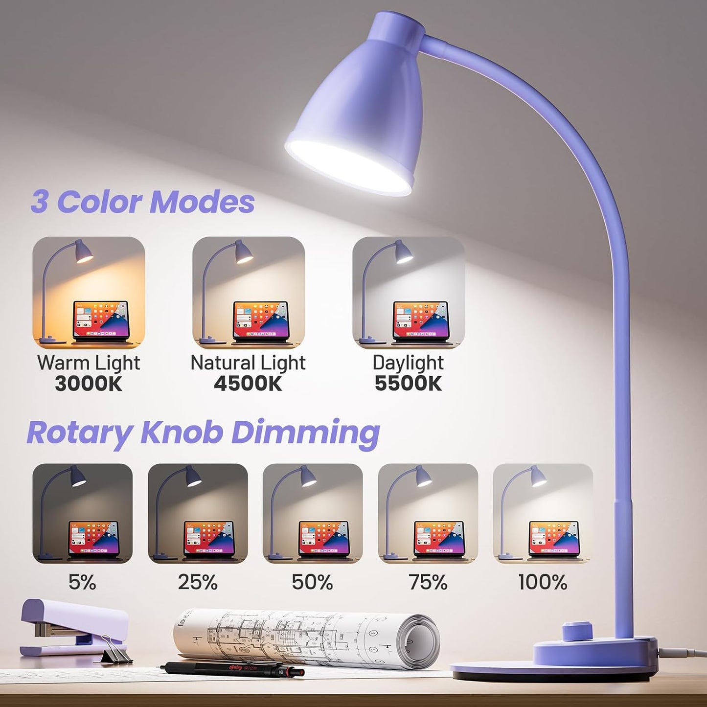 BOHON LED Desk Lamp with USB Charging Port 3 Color Modes Dimmable, Black | Reading Light Intelligent Induction Auto Dimming Task Lamp Neck Flexible Table Lamp for Bedside Office, AC Adapter Include