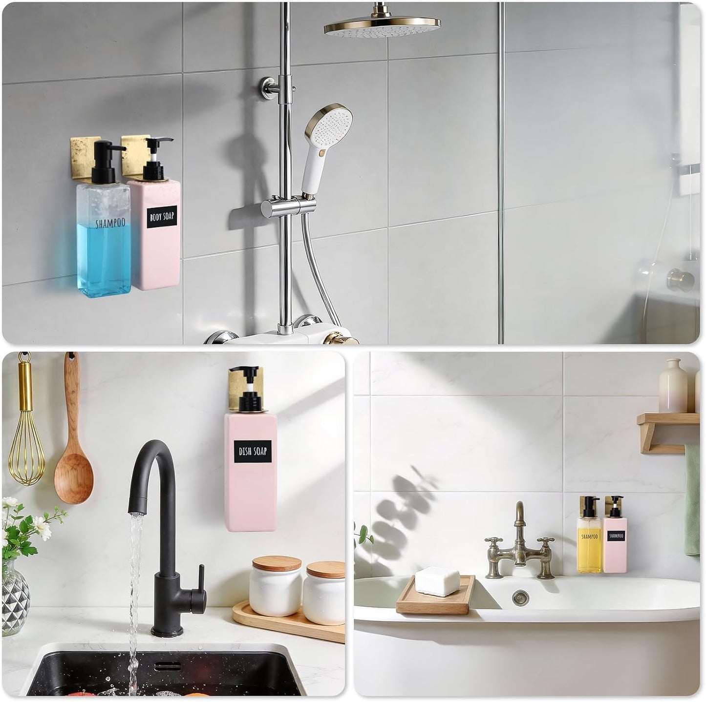 Segbeauty Stainless Adhesive Shampoo Bottle Holder, Dia 1.3inch 3.3cm Non-Drill Soap Dispenser Holder Set Silver, 3pcs Rustproof Shampoo Holder for Shower, Bottle Wall Mounted Rack for Toilet Kitchen