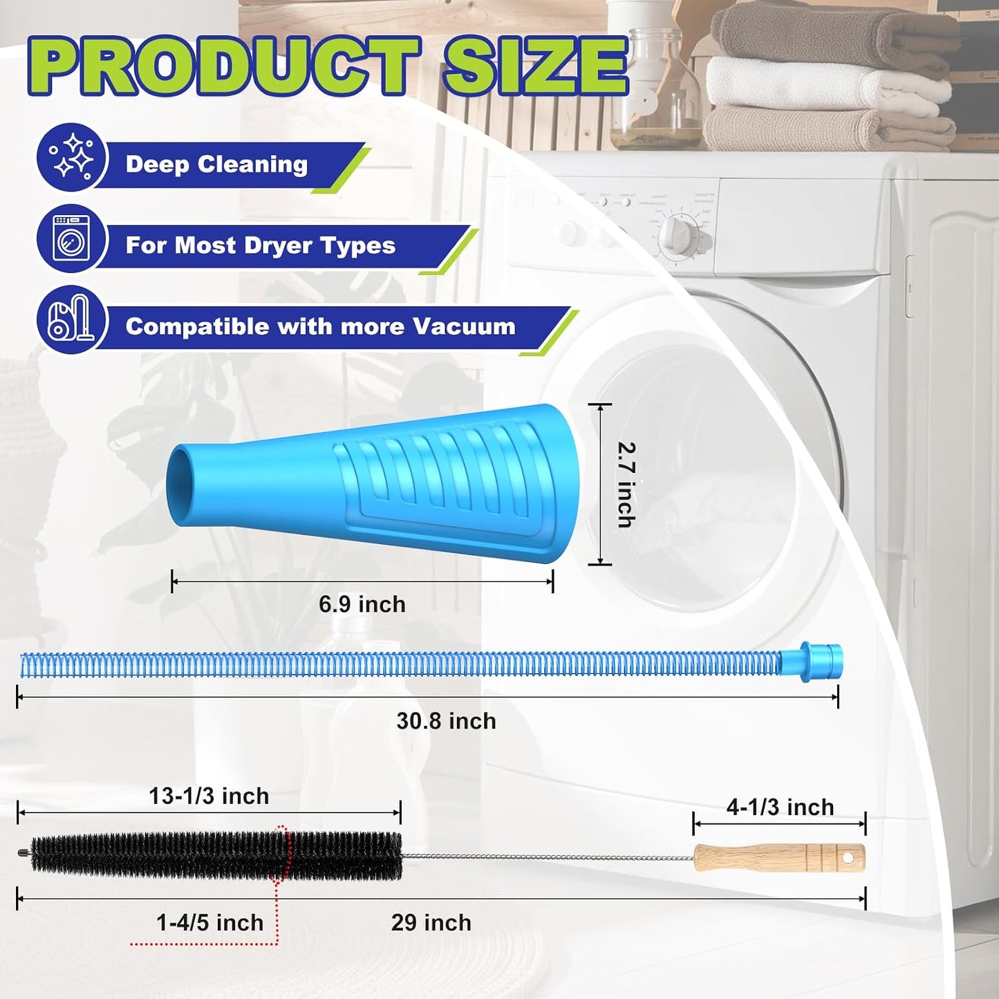 Sealegend 2Pcs Dryer Vent Cleaner Kit - Vacuum Hose Attachment & Brush Blue | Fits Most Vacuums, Slim Round Hose Reaches Tight Spaces, Removes Stubborn Lint & Dust from Dryer Vents, Filters, Coils
