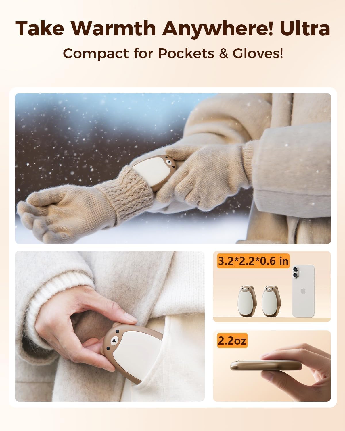 SWEETFULL Hand Warmers Rechargeable, 2-in-1 Magnetic Bear Electric | Cute Bear; Snap Together/Split Use; 3 Heat Levels; UL Safe; Reusable Portable Pocket Warmer for Kids & Wife, Camping & Gifts