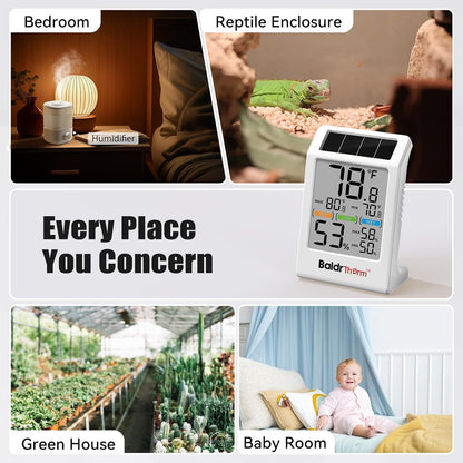 Room Thermometer Indoor Humidity Meter Solar Powered with Max/Min Memory & Comfort Indicator - 3.2" Large Display for Home, White