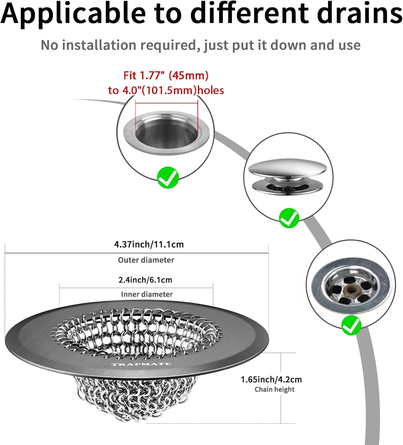 TRAPMATE Shower Drain Hair Catcher, 4.4" Anti-Clogging Bathtub Drain Cover | Easy Flip Cleaning, Traps Hair with Fast Drainage, Anti-Slip Drain Protector Fits Regular & Pop-up Drains (Patented Product)