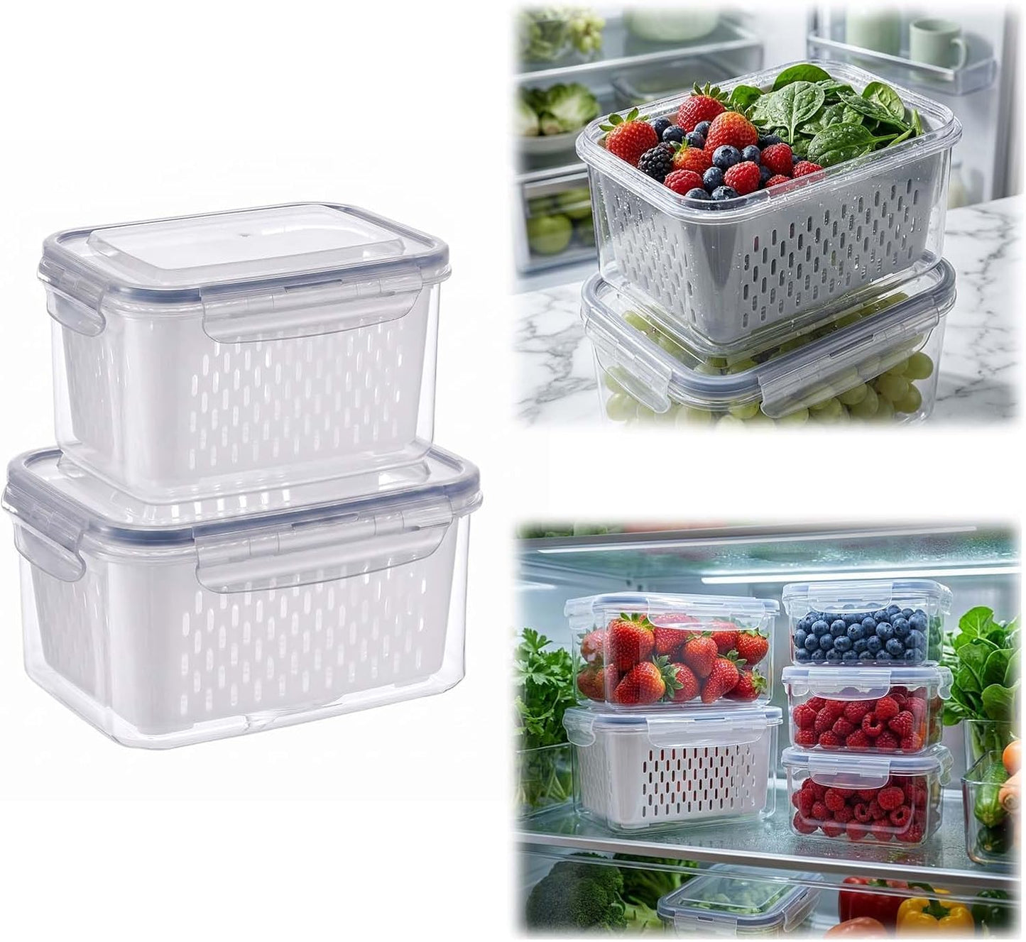 Fruit Storage Containers for Fridge with Removable Colander, Airtight Produce Storage Containers with Lids, Fridge Organizers and Storage for Berry, Fruit, Vegetables, Salad & Meal Prep (Gray, S+M+L)