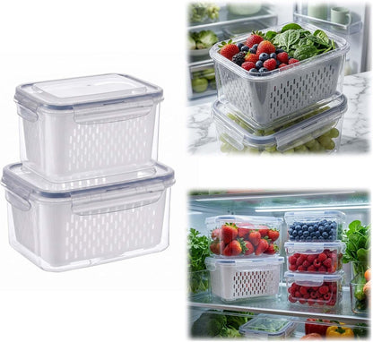 Fruit Storage Containers for Fridge with Removable Colander, Airtight Produce Storage Containers with Lids, Fridge Organizers and Storage for Berry, Fruit, Vegetables, Salad & Meal Prep (Gray, S+M+L)