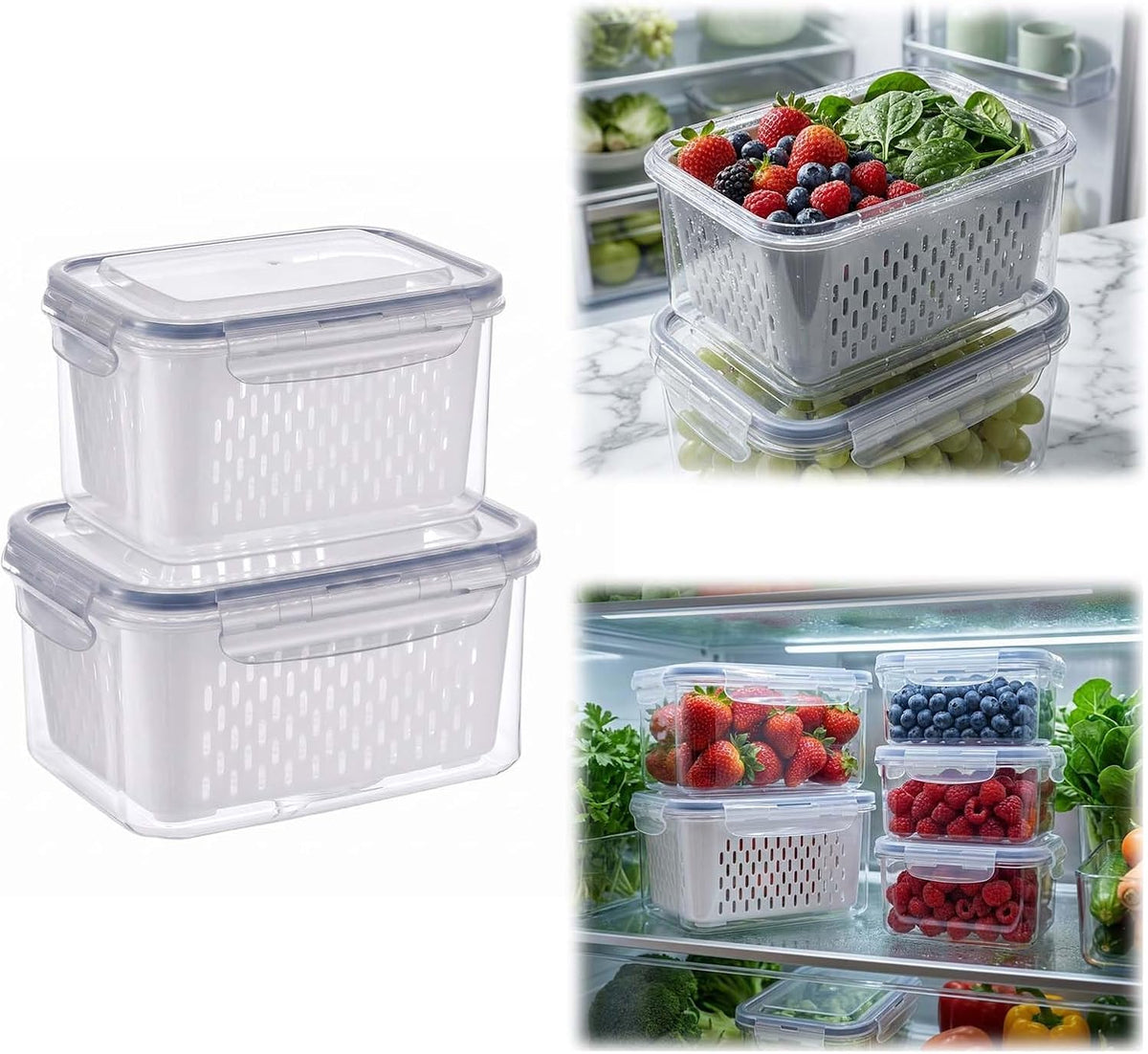 Fruit Storage Containers for Fridge with Removable Colander, Airtight Produce Storage Containers with Lids, Fridge Organizers and Storage for Berry, Fruit, Vegetables, Salad & Meal Prep (Gray, S+M+L)