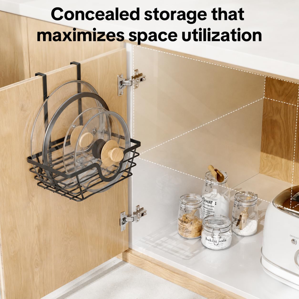 TIDIIABODE Pot Lid Organizer, Adjustable Kitchen Pot Lid Holder Inside Cabinet, Kitchen Cabinet Organizer Hanging for Food Storage Container, Pot, Pan Lid & Bakeware, Black