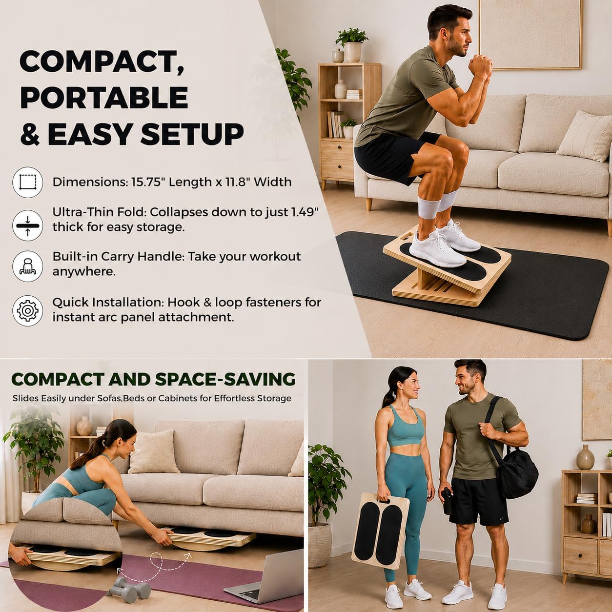 3-in-1 Adjustable Slant Board & 180°/360° Balance Board - Wooden Calf Stretcher and Squat Wedge - 5 Angle Incline Board for Stretching Equipment & Exercise - Includes Resistance Band - (400LBS)