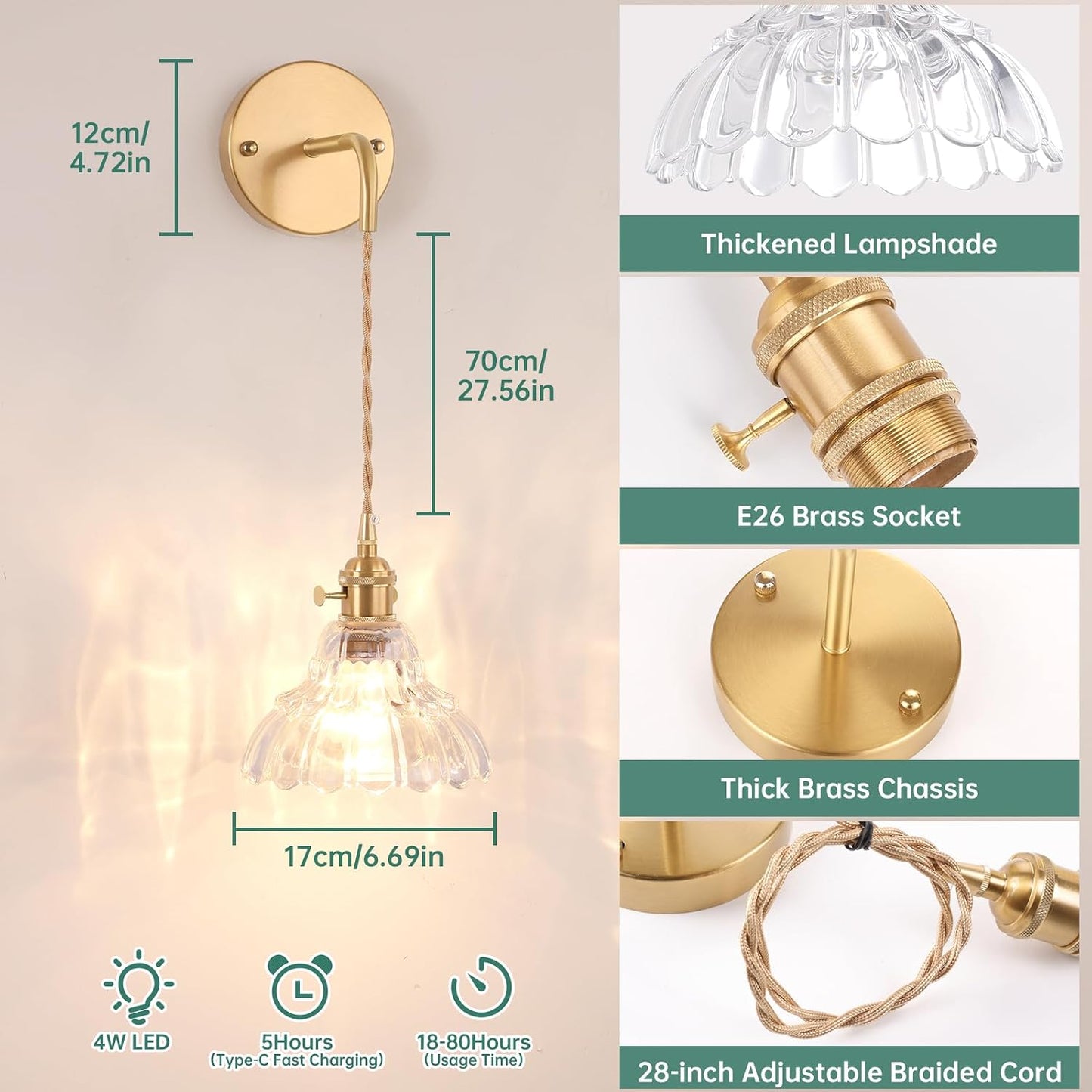 Shenmoyl Battery Operated Wall Sconce Wall Lamp with Green Lily of the Valley Shade Pattern Glass Adjustable Chain Retro Gold Wall Mounted Light, Modern Wall Lamp Fixtures Decor for Bedside Bedroom